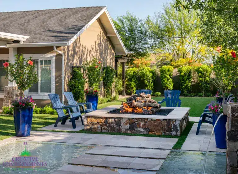 Backyard design with privacy hedges and Jesus steps