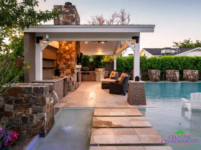 Backyard design with Jesus steps and recessed lighting.