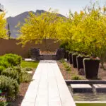 Custom backyard design with trees, large metal planters and Jesus steps.