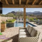 Covered patio with outdoor TV, fireplace and multiple seating areas.