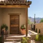 Custom front yard design with large flower plantes and brick steps.