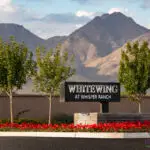 Custom community entrance with cantilevered metal sign, annual flowers and real grass.