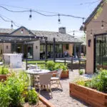 Custom backyard design with string lights, gardening corner and multiple seating areas.