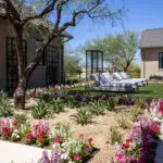 Custom backyard design with organized planting, metal trellis and metal archway into zen garden.