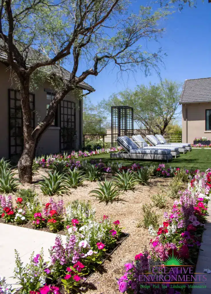 Custom backyard design with organized planting, metal trellis and metal archway into zen garden.