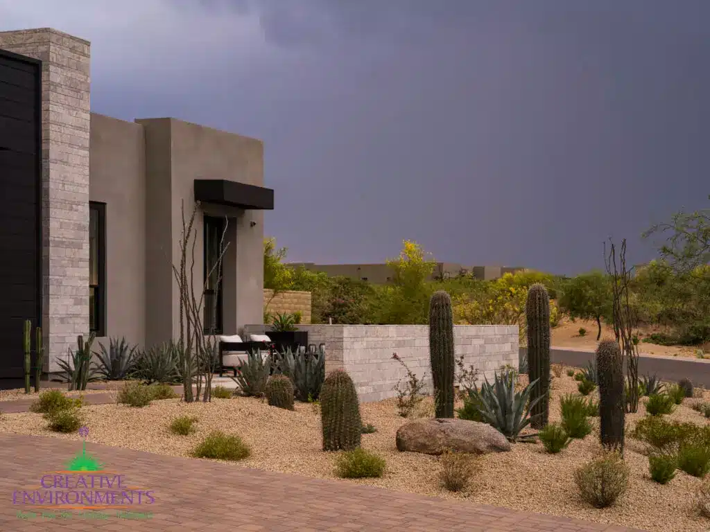 Custom front yard design with organized planting, privacy wall and outdoor seating area.