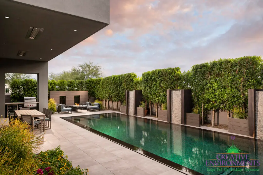 Custom backyard design with black pool, water columns and privacy hedges.