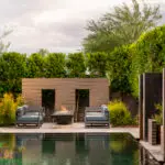 Custom backyard design with fire pit, privacy hedges and black pool.
