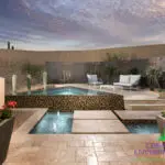Custom backyard design with triangular spa, up lighting and metal statement piece privacy wall.