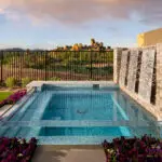 Custom backyard design with acrylic spa, metal statement piece and metal fencing.