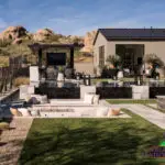 Backyard design with sunken fire feature and pool.
