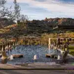 Backyard design with scupper and bubbler water features and baja step.