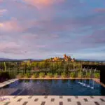 Custom backyard design with deco-tile decking, metal scupper water feature into pool and large planters.