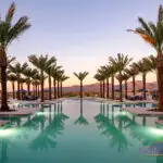 Custom community amenities with large pool, palm trees and multiple seating areas.