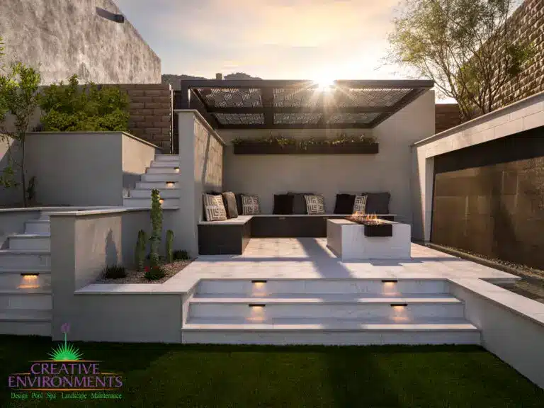 Cantilevered metal shade structure with fire table and step lighting