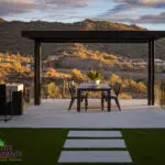 Custom backyard design with metal sahde structure ad outdoor dining area