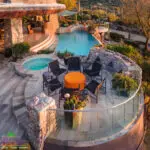 Backyard design with geometric accents.