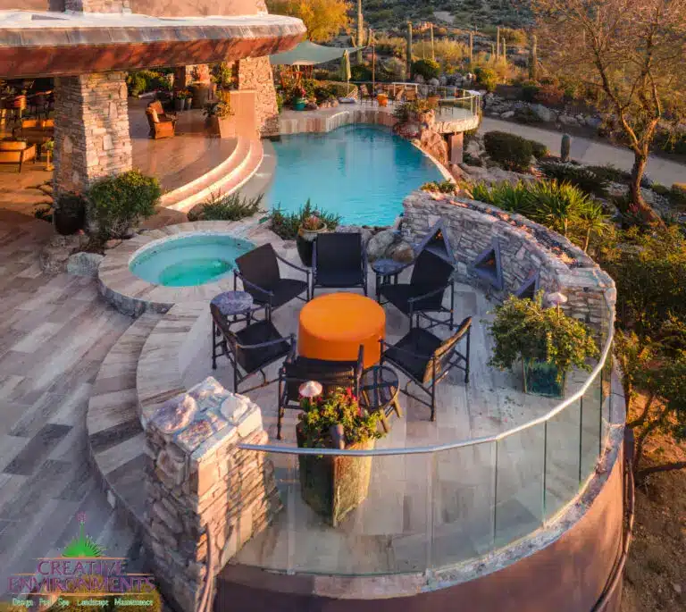 Backyard design with geometric accents.