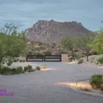 Custom paver driveway with desert plants and metal entry gate.