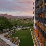 Custom community area with artificial turf, string lights and organized planting.