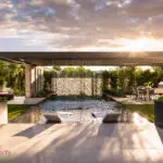 Custom backyard design with rain shower curtain, baja step and large metal planters.