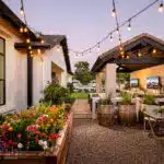 Custom backyard design with multiple outdoor TV's, string lights and annuals.