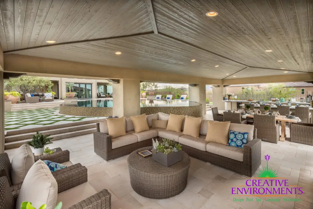 Custom backyard design with artificial turf pattern, zero-edge pool and outdoor entertainment area.