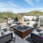 Backyard design with fire pit, cacti and palm trees.