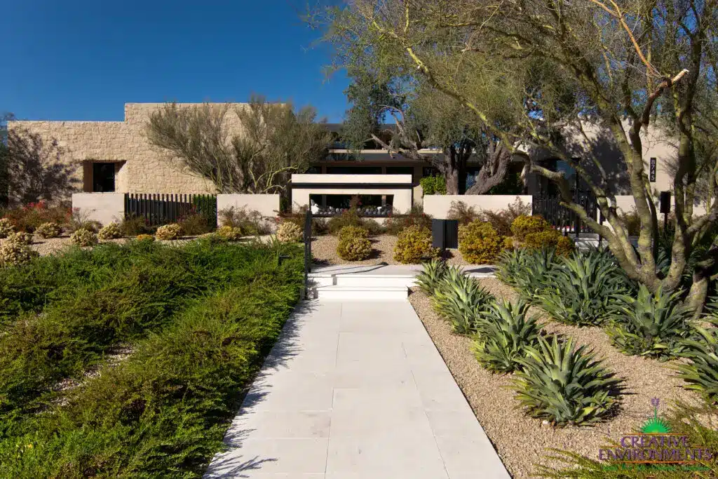 Custom entryway with organized planting, metal fencing and tree.