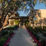 Custom entryway design with annuals, black water feature and natural stone paver walkway.
