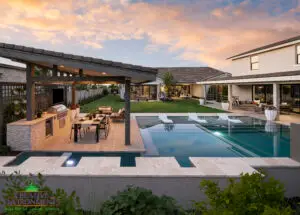 Custom backyard design with Jesus steps, baja steps, and large planters.