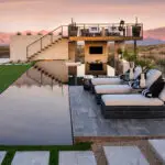 Backyard design with two-story shade structure, pool and multiple seating areas