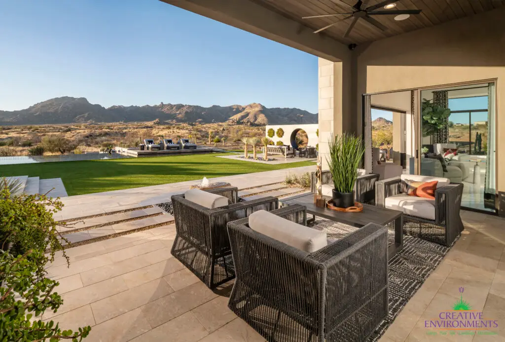 Backyard design with multiple seating areas