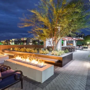 11454-164 Custom backyard design with modern fire pits, multiple seating areas and patterned paver design.