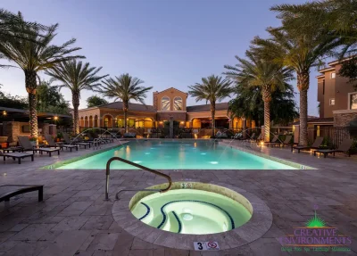 Custom community pool, community spa and community amenity entertainment area.