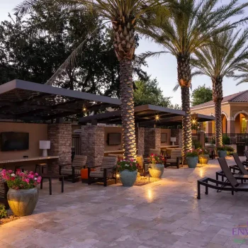 5146Deck(LOGO) Custom community amenities with cantilevered shade structures, large planters and multiple outdoor seating areas.