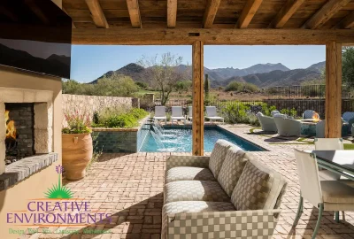 Covered patio with outdoor TV, fireplace and multiple seating areas.