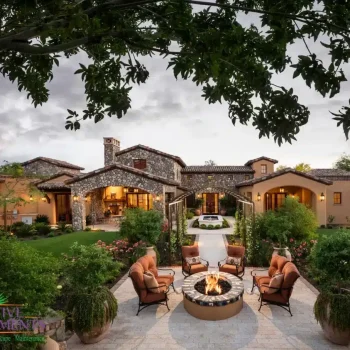 8302Exterior(LOGO) Backyard design with multiple seating areas, water fountain and fire pit.