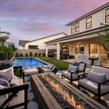 Cadence_Savannah_BKElevation_3481LOGO Backyard design with fire table and multiple seating areas