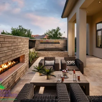 Colton (2) Custom backyard design with brick fireplace, beer tap water feature and outdoor seating areas.