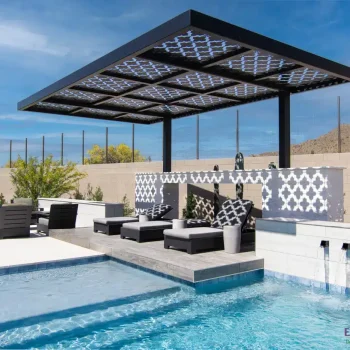Prelude at Oro Ridge (2) Custom backyard design with cantilevered shade structure, metal scupper water feature into pool and large baja step.