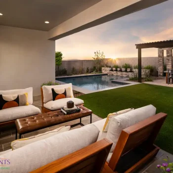 Preserve_at_San_Tan_Chapin_Patio_6006(LOGO) Custom backyard design with multiple seating areas, outdoor entertainment area and pool.