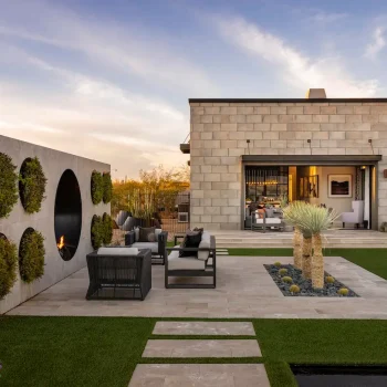 SerenoCanyon_Mayne_Backyard_7207(LOGO) Backyard design with circular living wall, multiple seating areas and artificial turf.