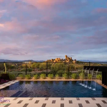 Sereon_Canyon_Palmer_Pool_3925(LOGO) Custom backyard design with deco-tile decking, metal scupper water feature into pool and large planters.