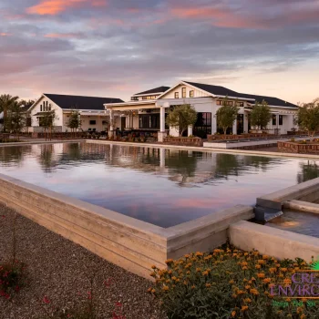 Sterling_Grove_Clubhouse_BKElevation_3614LOGO Custom community amenities with large water feature, clubhouse and multiple seating areas.