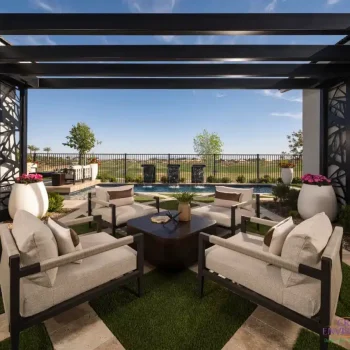 Sterling_Grove_St.Helena_Patio_5239LOGO Custom backyard design with metal statement piece, patterned artificial turf and large planters.