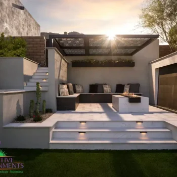 THE HOFFMAN 10 Cantilevered metal shade structure with fire table and step lighting