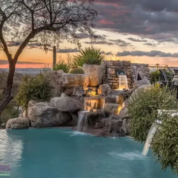 TROON-58-WM Backyard design with cacti and natural stone water fountain