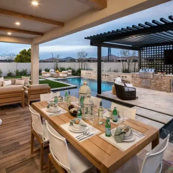 The Catalan (2) Backyard design with slatted metal shade structure, outdoor kitchen and multiple seating areas