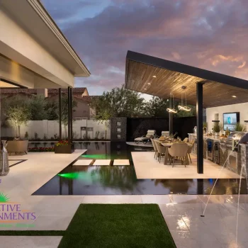 The Cholla (9) Custom backyard design with splash pad, black spa and Jesus steps.